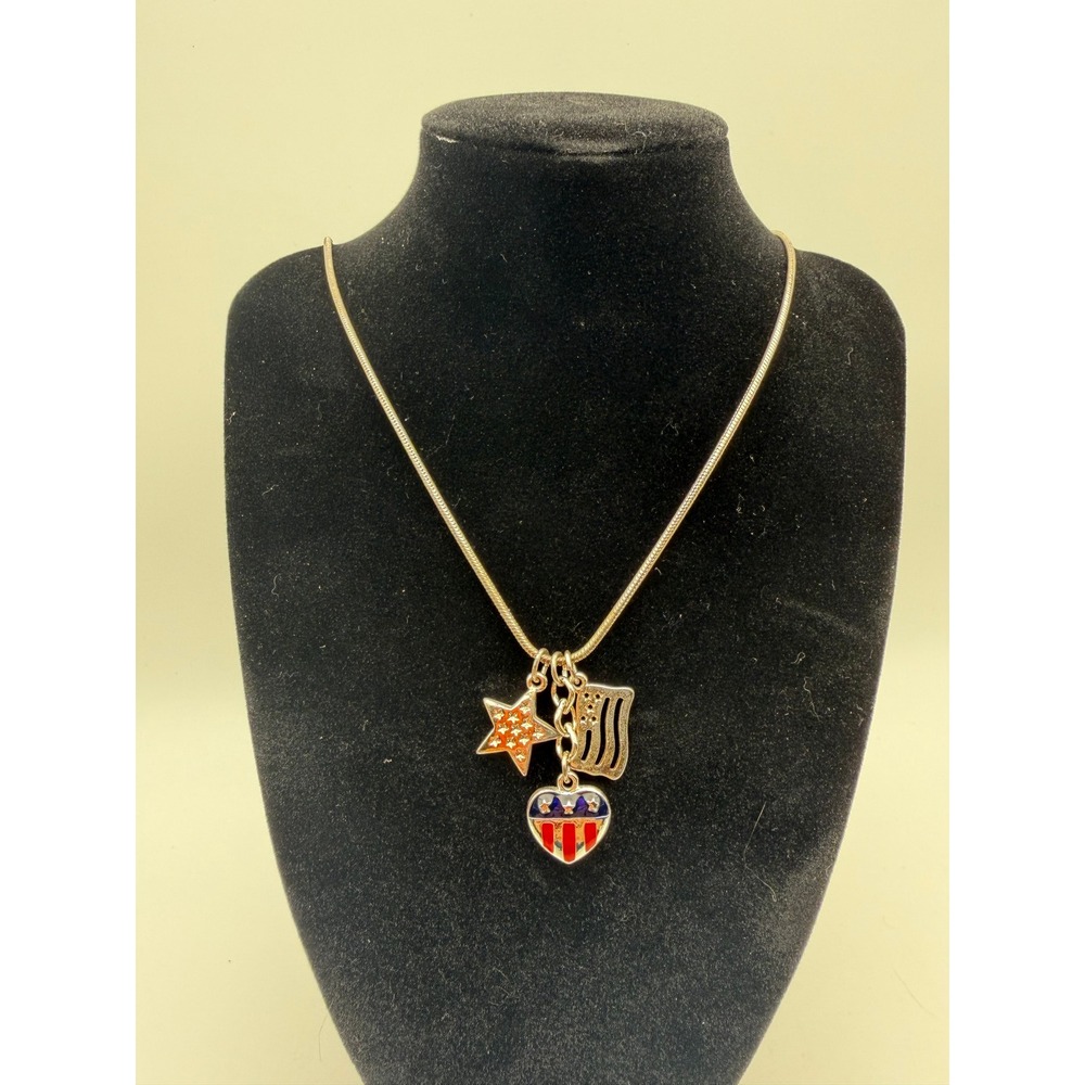 Patriotic Americana Heart Star Flag Charm Necklace Silver Tone Snake Chain 22in